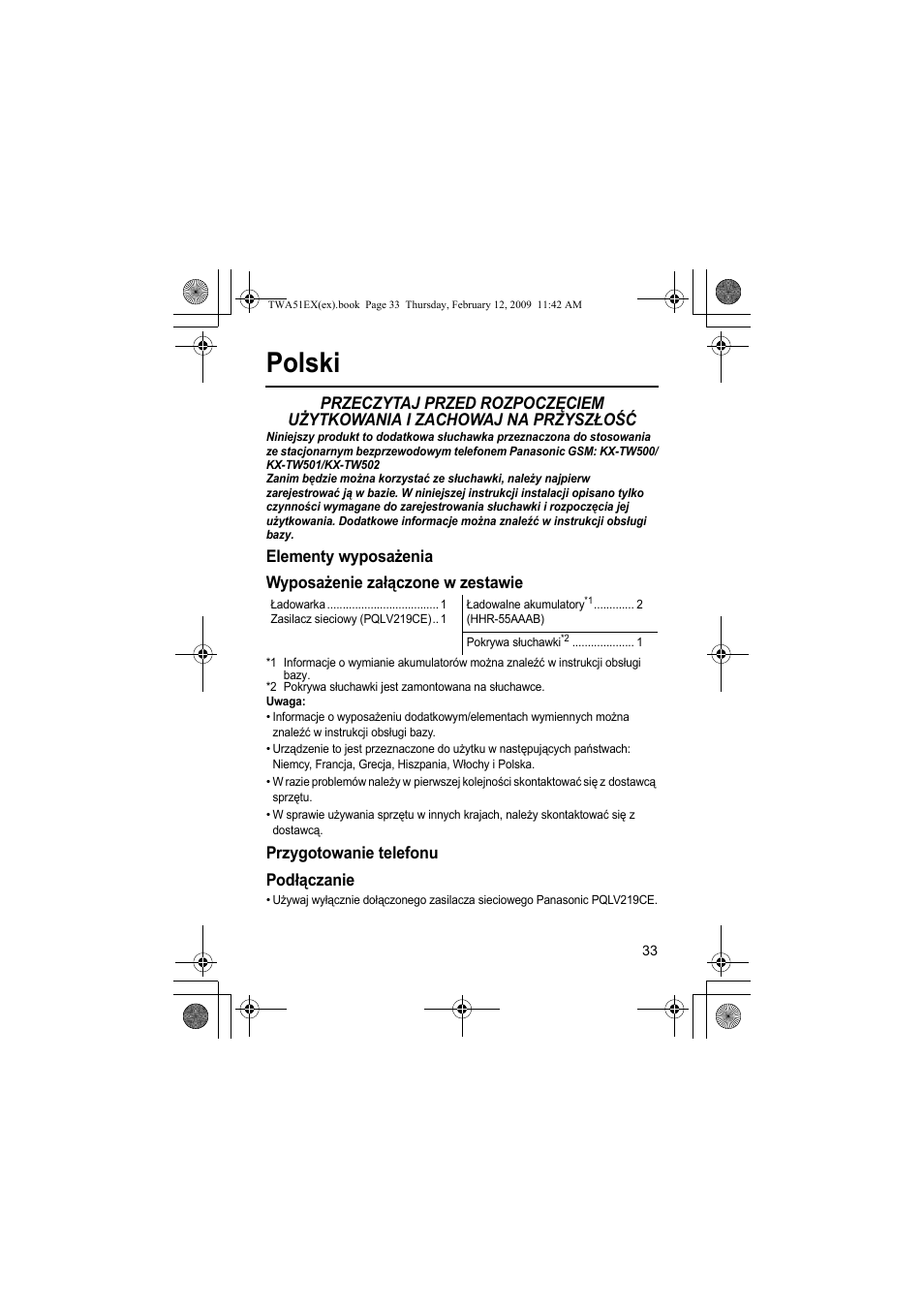 Polski, Przygotowanie telefonu podłączanie | Panasonic KXTWA51EX User Manual | Page 33 / 44