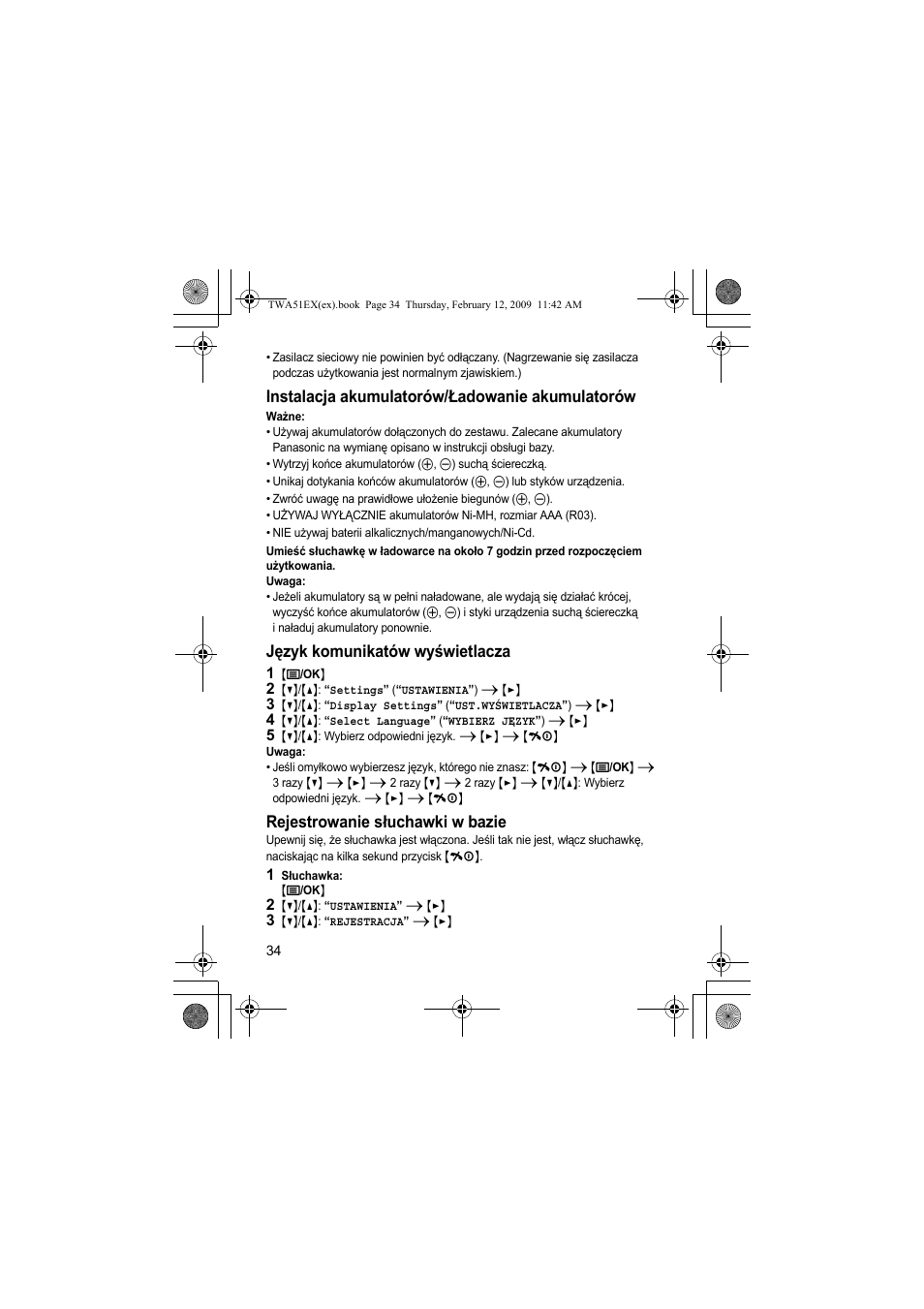 Instalacja akumulatorów/ładowanie akumulatorów, Język komunikatów wyświetlacza, Rejestrowanie słuchawki w bazie | Panasonic KXTWA51EX User Manual | Page 34 / 44