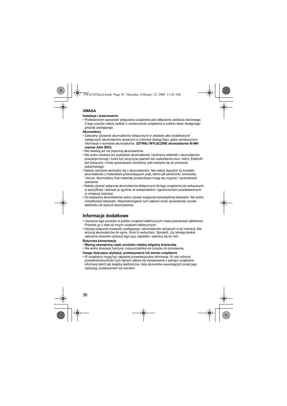 Informacje dodatkowe | Panasonic KXTWA51EX User Manual | Page 36 / 44
