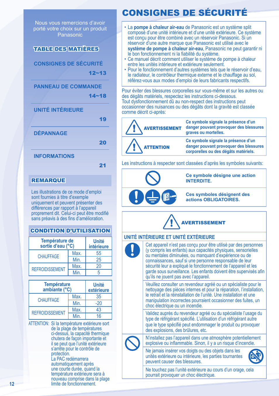 Consignes de sécurité | Panasonic WHSXC09D3E8 User Manual | Page 12 / 92