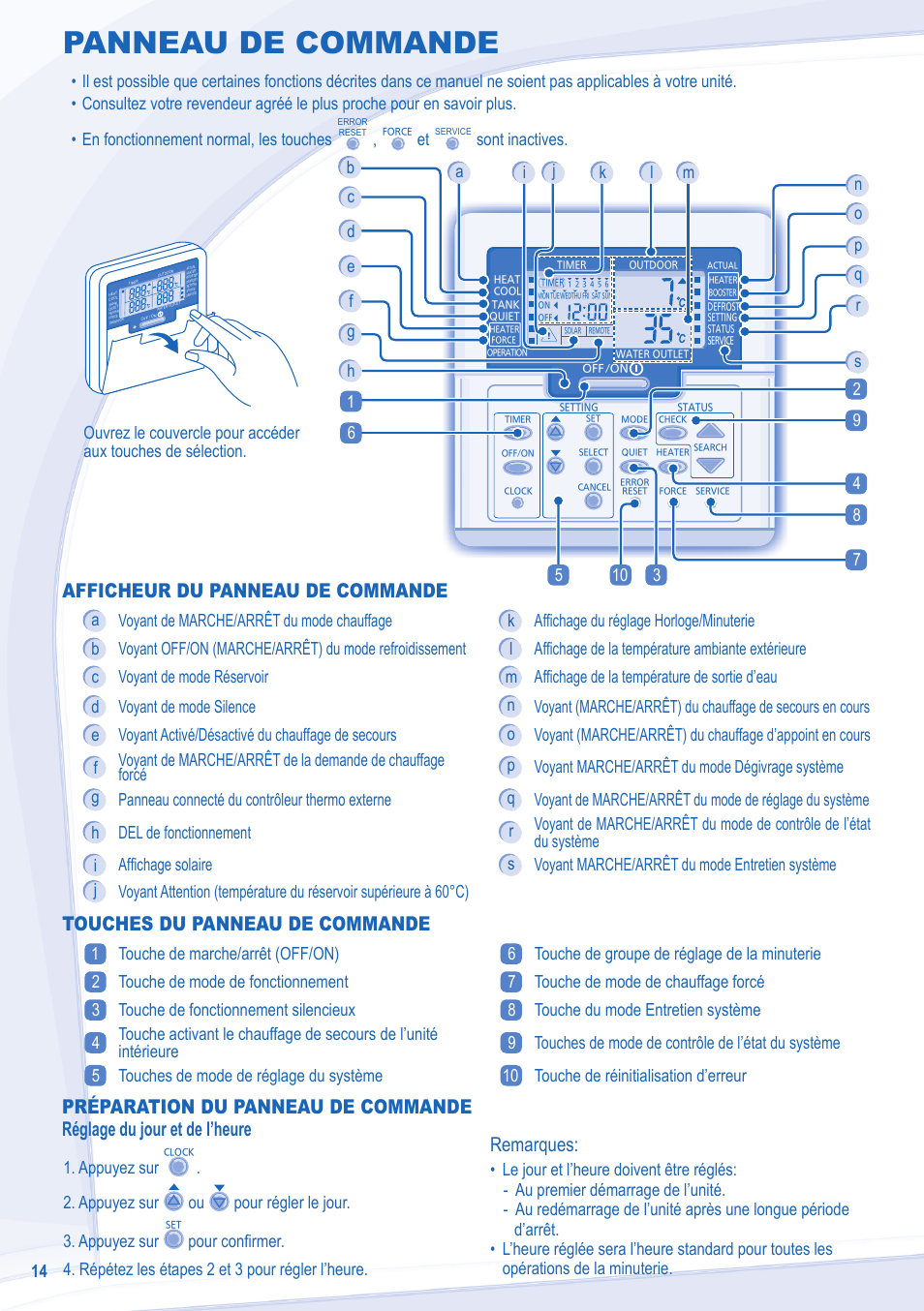 Panneau de commande, Afficheur du panneau de commande, Touches du panneau de commande | Remarques, Sont inactives, Appuyez sur ou pour régler le jour. 3. appuyez sur | Panasonic WHSXC09D3E8 User Manual | Page 14 / 92