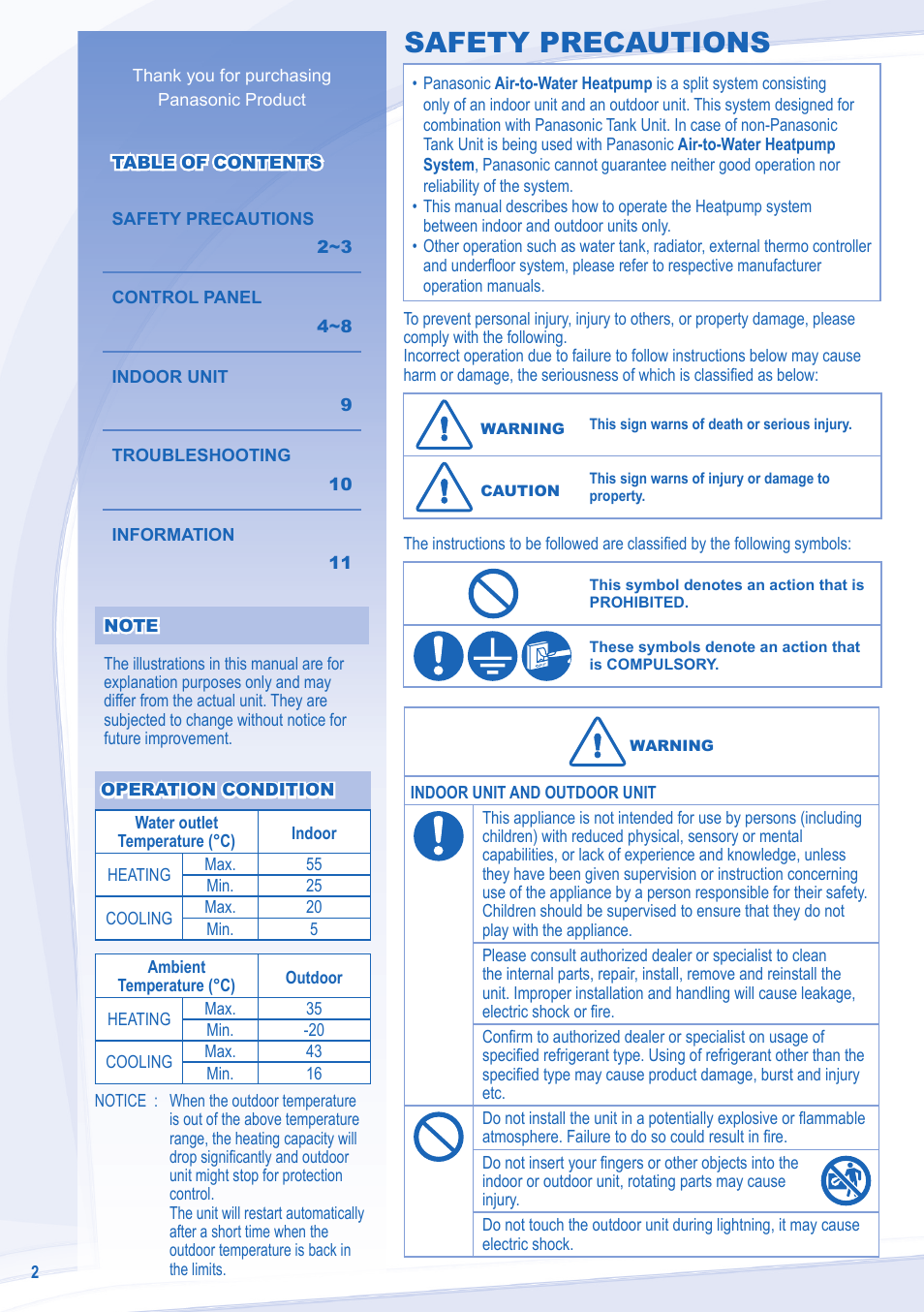 Safety precautions | Panasonic WHSXC09D3E8 User Manual | Page 2 / 92