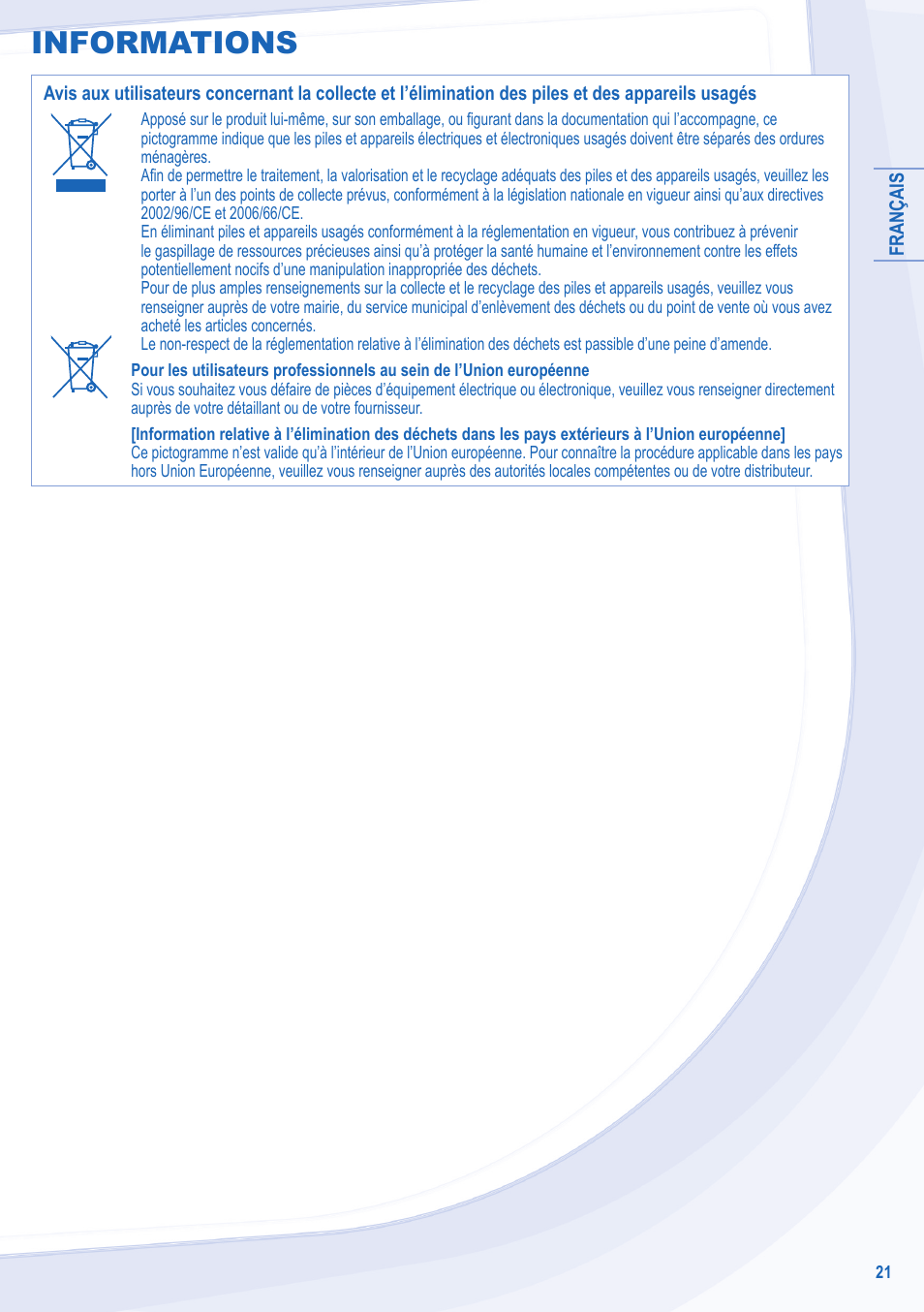 Informations | Panasonic WHSXC09D3E8 User Manual | Page 21 / 92