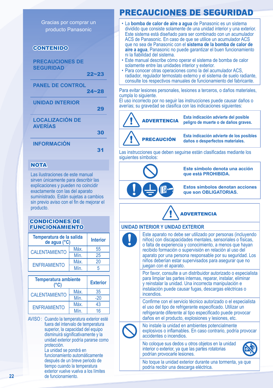 Precauciones de seguridad | Panasonic WHSXC09D3E8 User Manual | Page 22 / 92