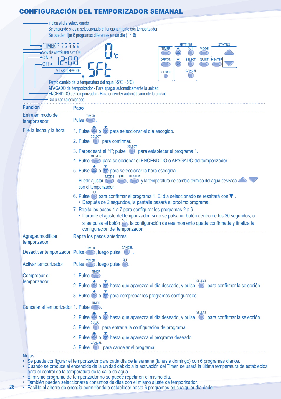 Configuración del temporizador semanal | Panasonic WHSXC09D3E8 User Manual | Page 28 / 92