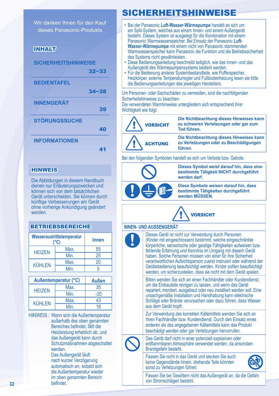 Sicherheitshinweise | Panasonic WHSXC09D3E8 User Manual | Page 32 / 92