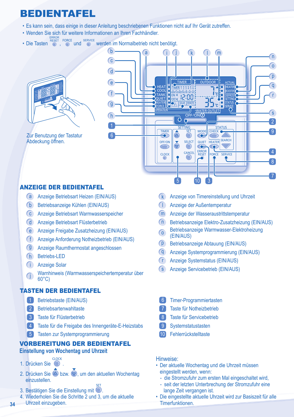 Bedientafel, Anzeige der bedientafel, Tasten der bedientafel | Hinweise, Werden im normalbetrieb nicht benötigt | Panasonic WHSXC09D3E8 User Manual | Page 34 / 92