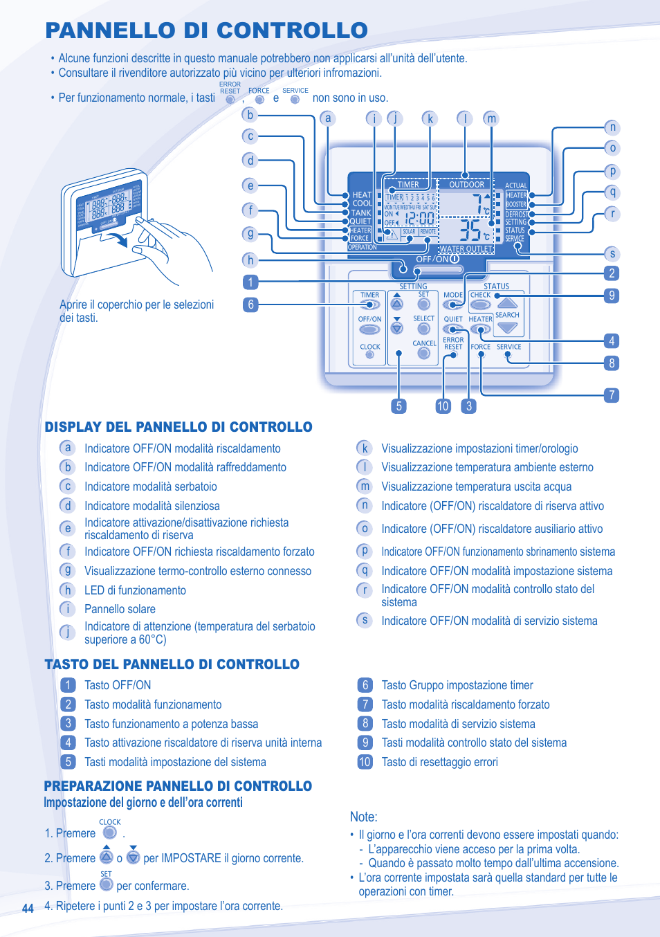 Pannello di controllo, Tasto del pannello di controllo, Non sono in uso | Aprire il coperchio per le selezioni dei tasti | Panasonic WHSXC09D3E8 User Manual | Page 44 / 92