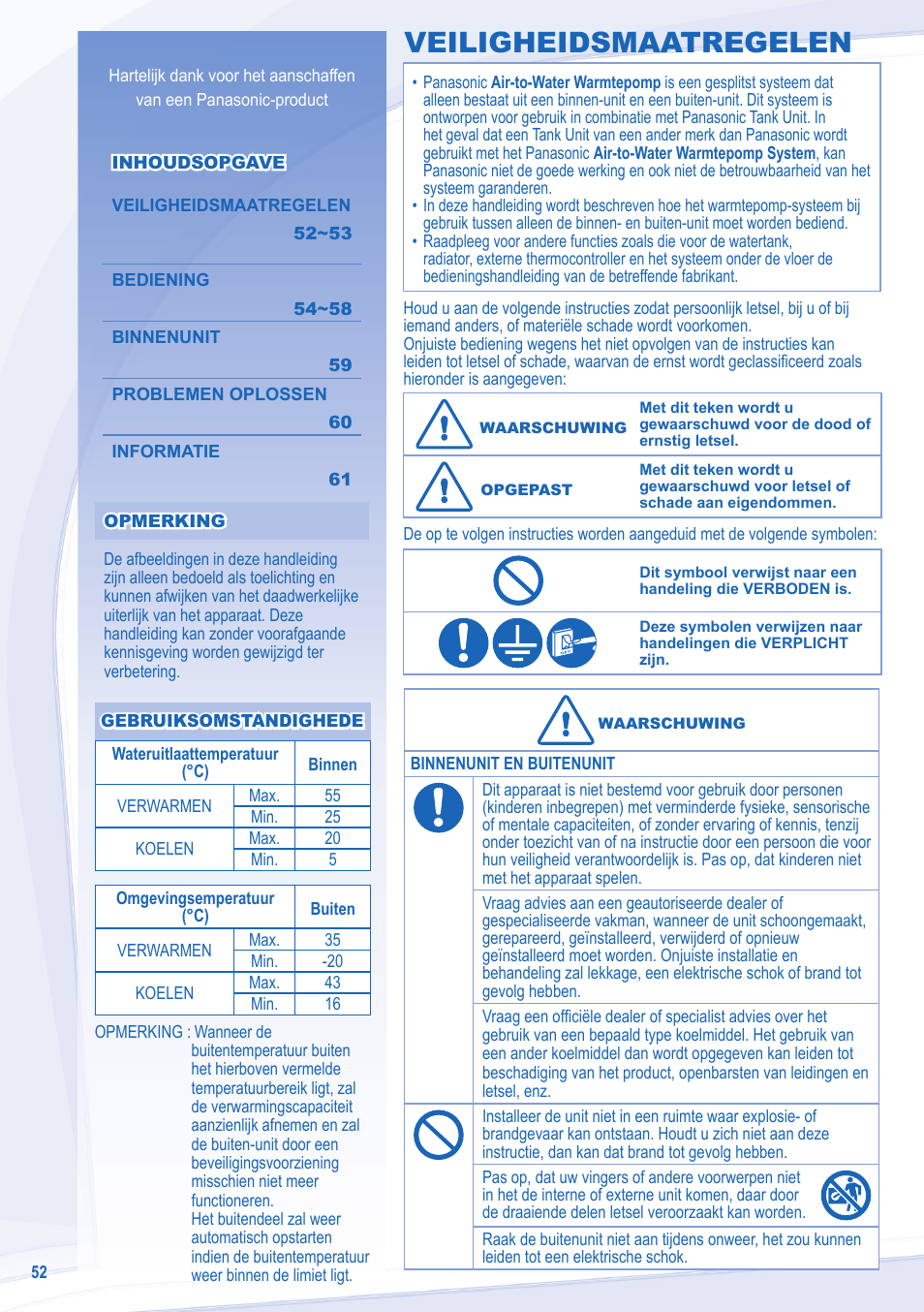 Veiligheidsmaatregelen | Panasonic WHSXC09D3E8 User Manual | Page 52 / 92