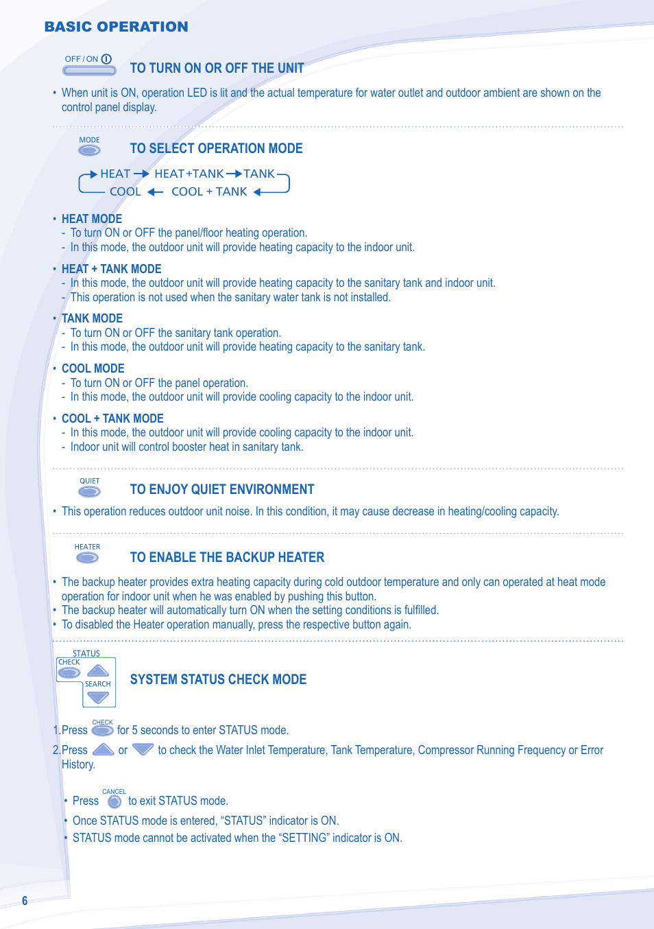 Basic operation, System status check mode | Panasonic WHSXC09D3E8 User Manual | Page 6 / 92