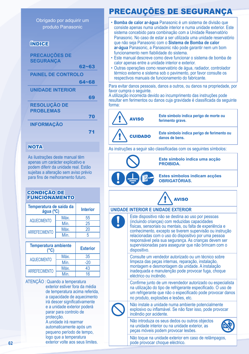 Precauções de segurança | Panasonic WHSXC09D3E8 User Manual | Page 62 / 92