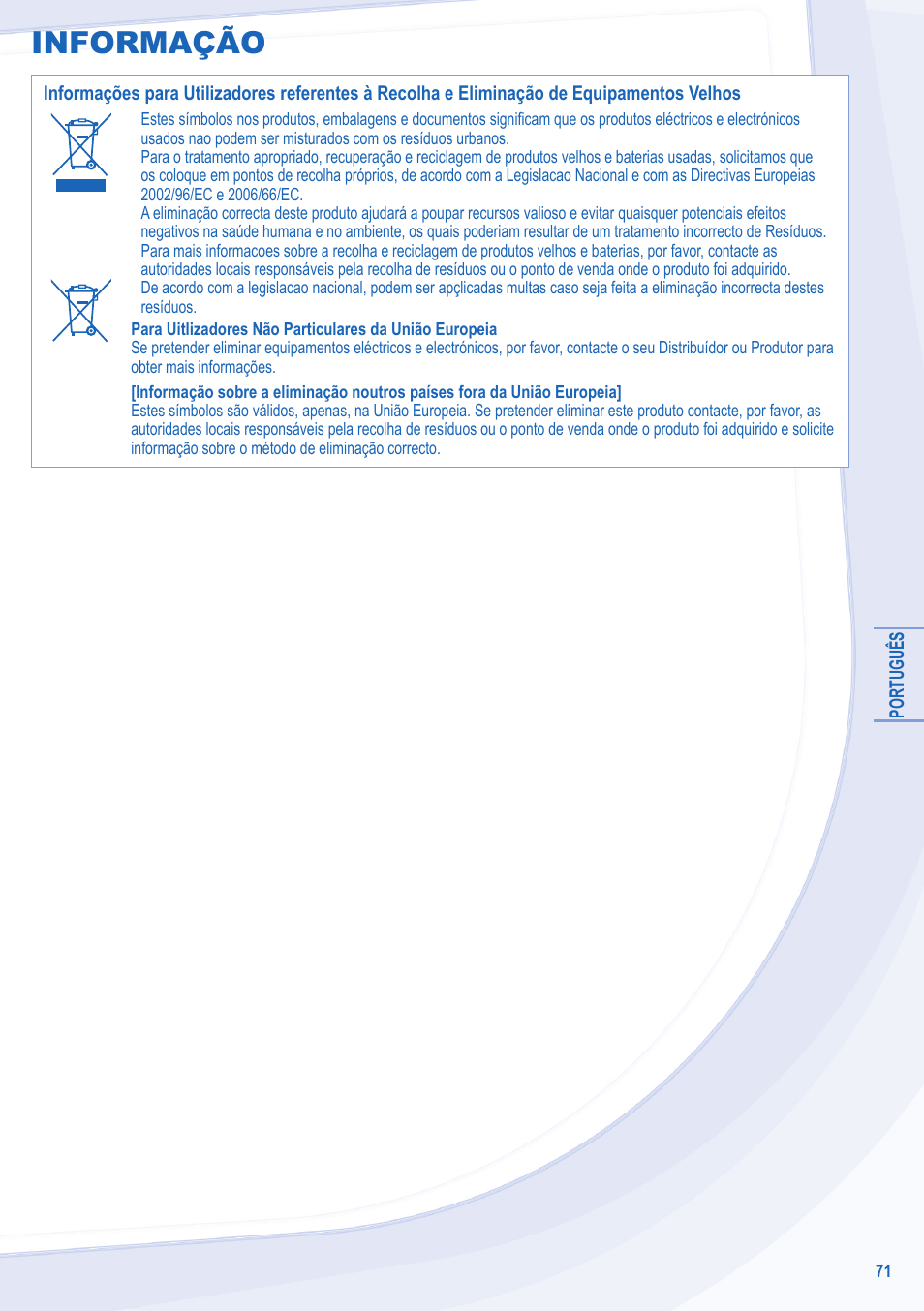 Informação | Panasonic WHSXC09D3E8 User Manual | Page 71 / 92