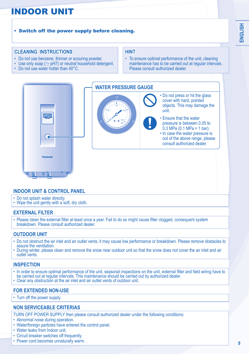 Indoor unit, English, Cleaning instructions | Cleaning instructions hint hint, Indoor unit & control panel, External filter, Outdoor unit, Inspection, For extended non-use, Non serviceable criterias | Panasonic WHSXC09D3E8 User Manual | Page 9 / 92