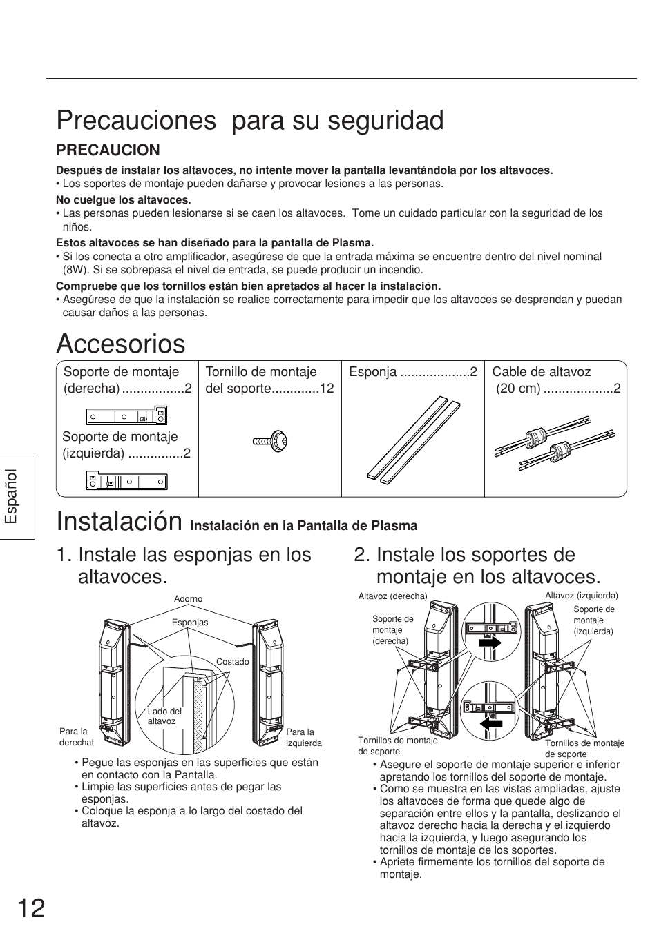 Precauciones para su seguridad, Accesorios instalación, Español precaucion | Panasonic TYSP37P8WS User Manual | Page 12 / 28