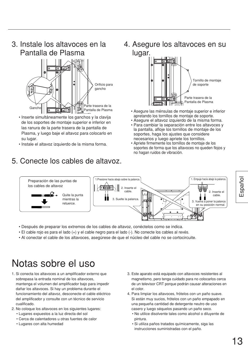 Notas sobre el uso, Asegure los altavoces en su lugar, Instale los altavoces en la pantalla de plasma | Conecte los cables de altavoz, Español | Panasonic TYSP37P8WS User Manual | Page 13 / 28