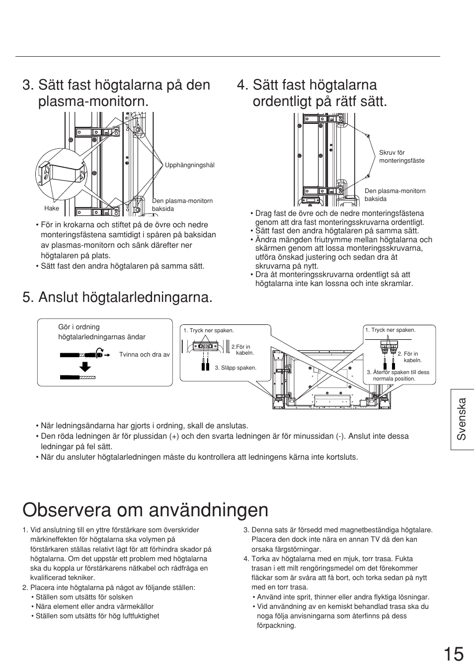 Observera om användningen, Sätt fast högtalarna ordentligt på rätf sätt, Sätt fast högtalarna på den plasma-monitorn | Anslut högtalarledningarna, Svenska | Panasonic TYSP37P8WS User Manual | Page 15 / 28