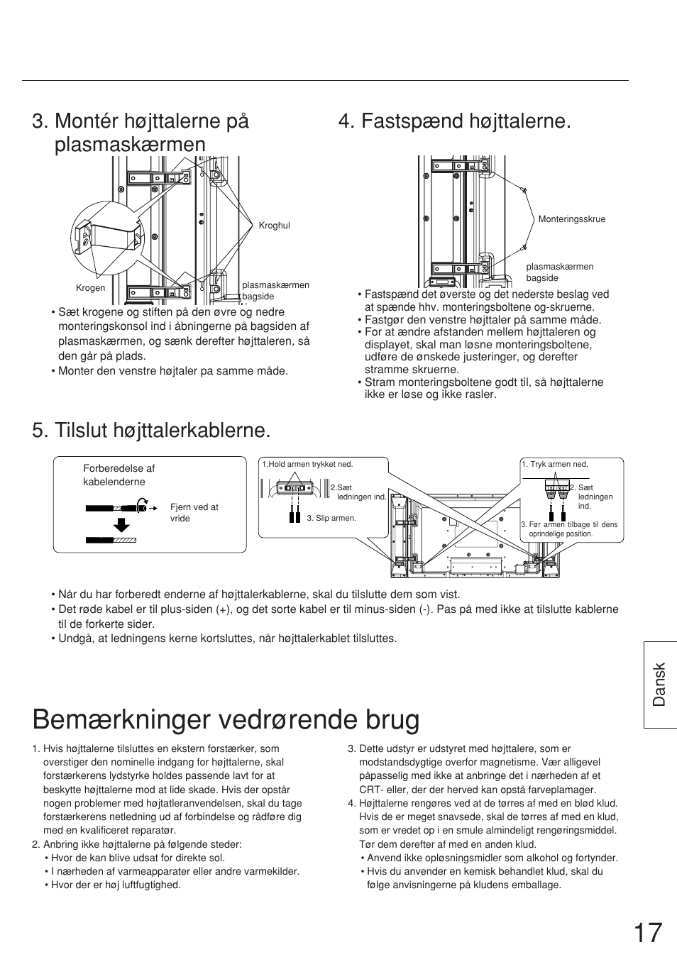 Bemærkninger vedrørende brug, Fastspænd højttalerne, Montér højttalerne på plasmaskærmen | Tilslut højttalerkablerne, Dansk | Panasonic TYSP37P8WS User Manual | Page 17 / 28