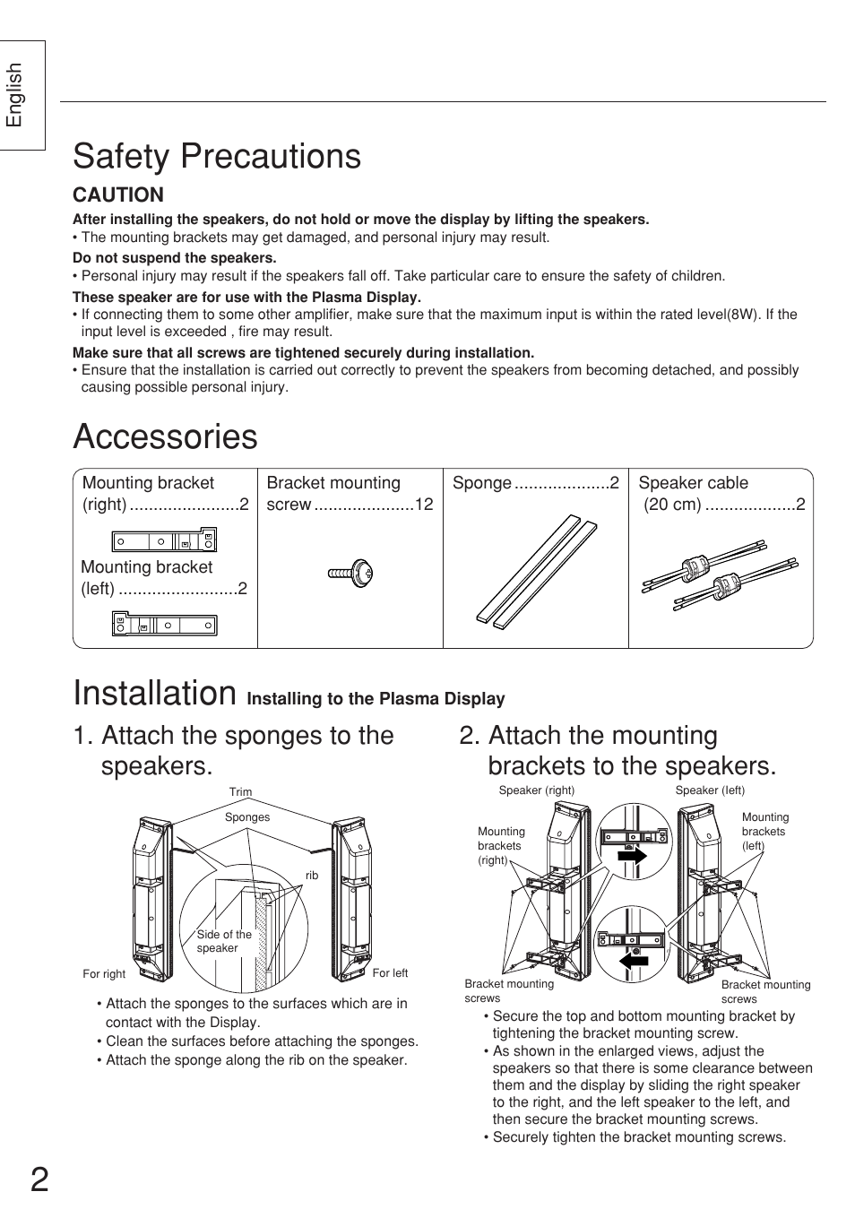 Safety precautions, Accessories, Installation | Panasonic TYSP37P8WS User Manual | Page 2 / 28