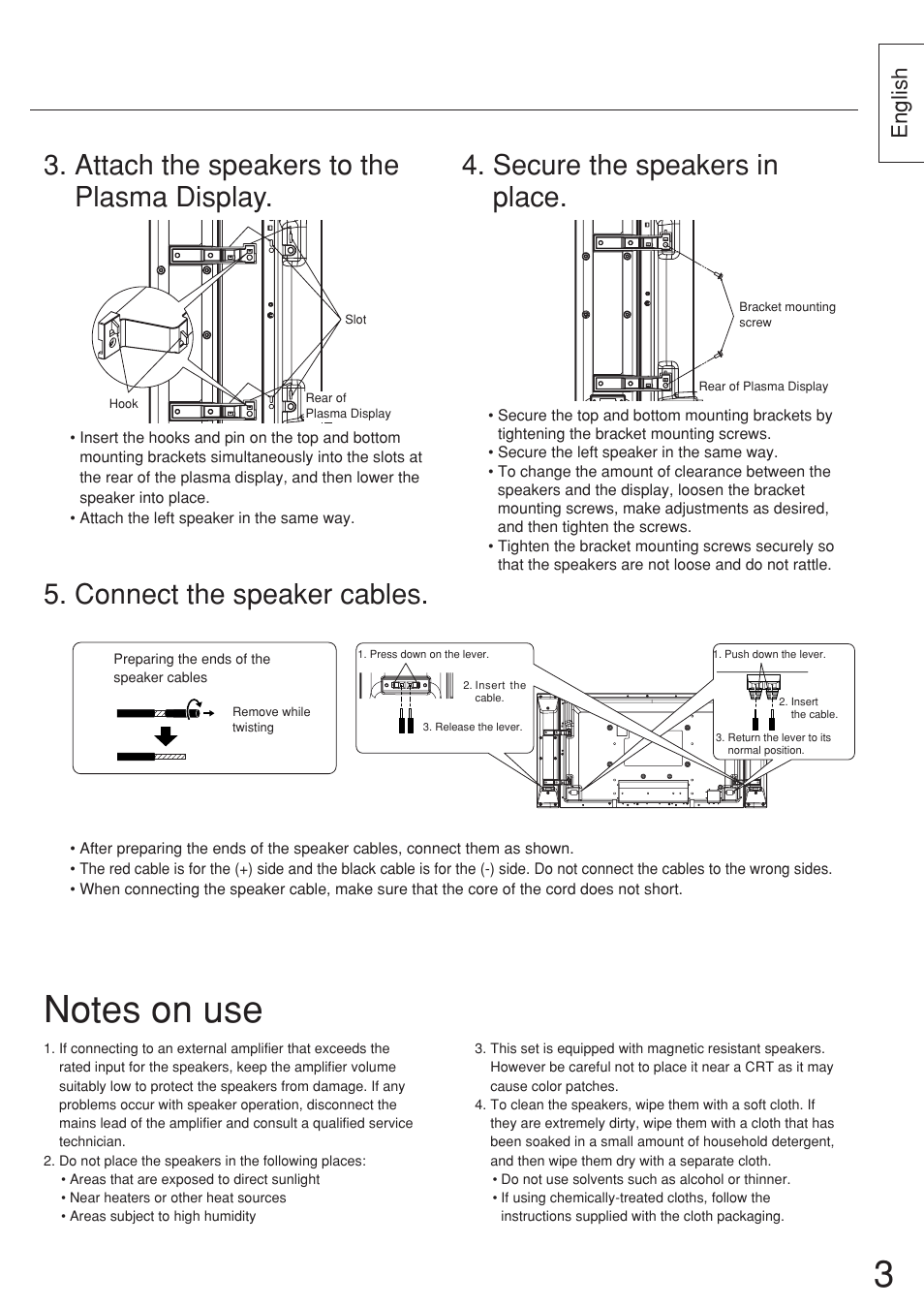 Secure the speakers in place, Attach the speakers to the plasma display, Connect the speaker cables | English | Panasonic TYSP37P8WS User Manual | Page 3 / 28