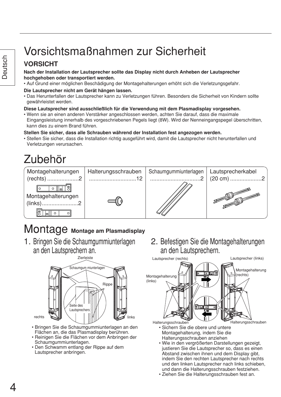 Vorsichtsmaßnahmen zur sicherheit, Zubehör, Montage | Panasonic TYSP37P8WS User Manual | Page 4 / 28