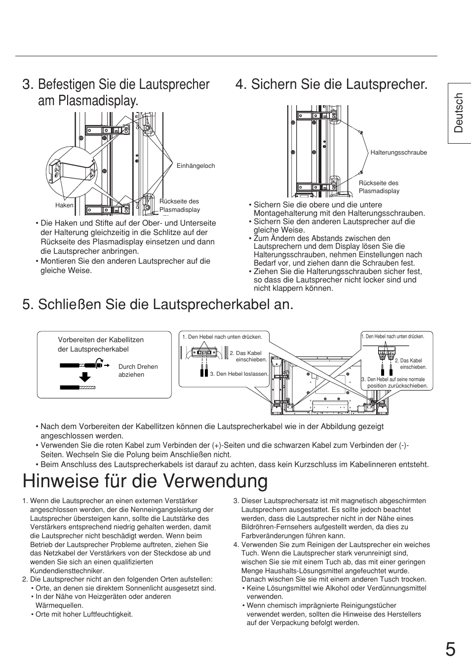 Hinweise für die verwendung, Sichern sie die lautsprecher, Befestigen sie die lautsprecher am plasmadisplay | Schließen sie die lautsprecherkabel an, Deutsch | Panasonic TYSP37P8WS User Manual | Page 5 / 28