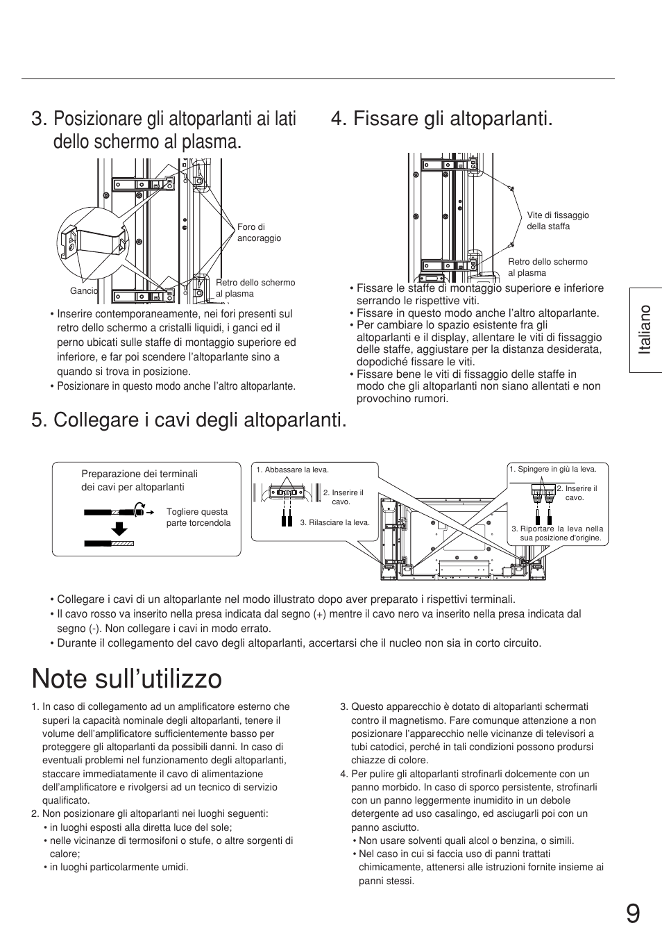 Fissare gli altoparlanti, Collegare i cavi degli altoparlanti, Italiano | Panasonic TYSP37P8WS User Manual | Page 9 / 28