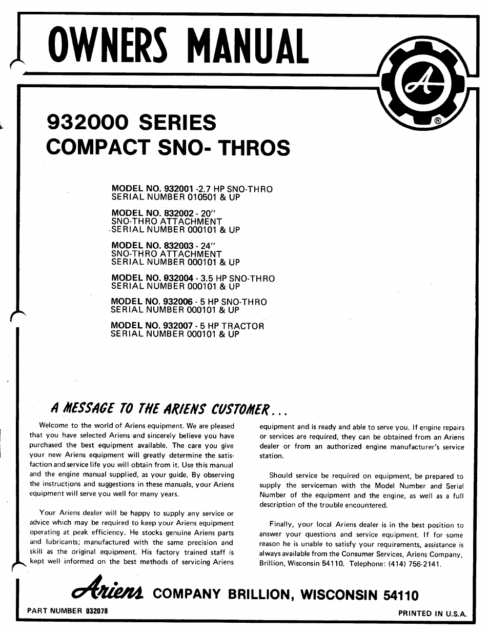 Ariens SNO- THROS 932007 User Manual | 12 pages