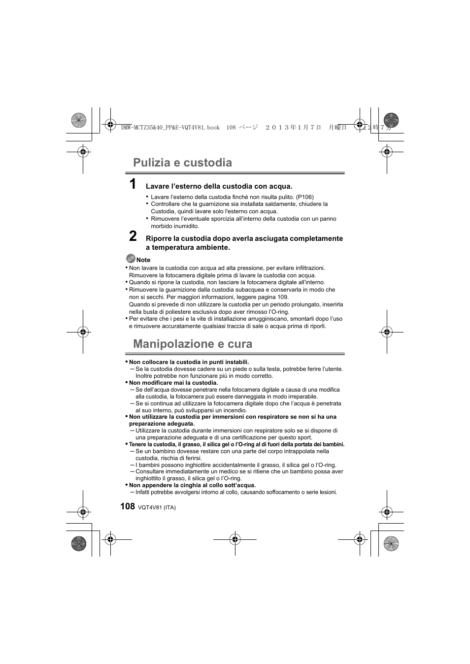 Pulizia e custodia, Manipolazione e cura | Panasonic DMWMCTZ40PP User Manual | Page 108 / 160