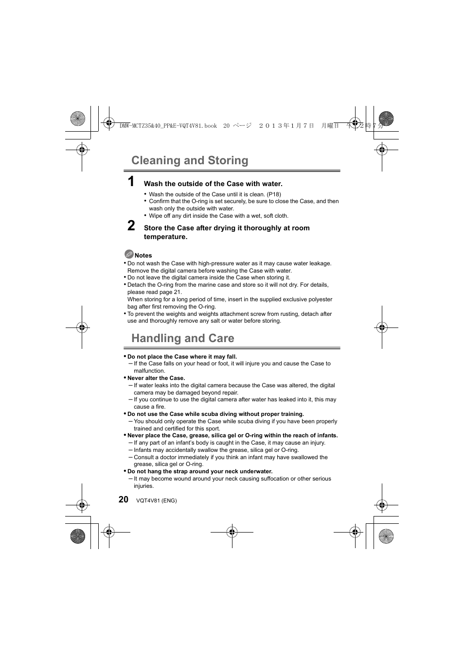 Cleaning and storing, Handling and care | Panasonic DMWMCTZ40PP User Manual | Page 20 / 160