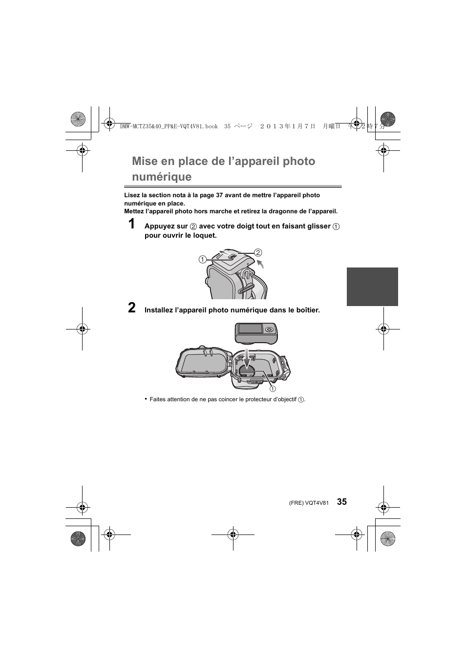 Mise en place de l’appareil photo numérique | Panasonic DMWMCTZ40PP User Manual | Page 35 / 160