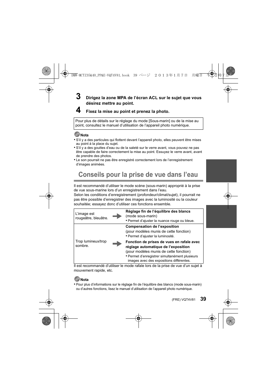 Conseils pour la prise de vue dans l’eau | Panasonic DMWMCTZ40PP User Manual | Page 39 / 160