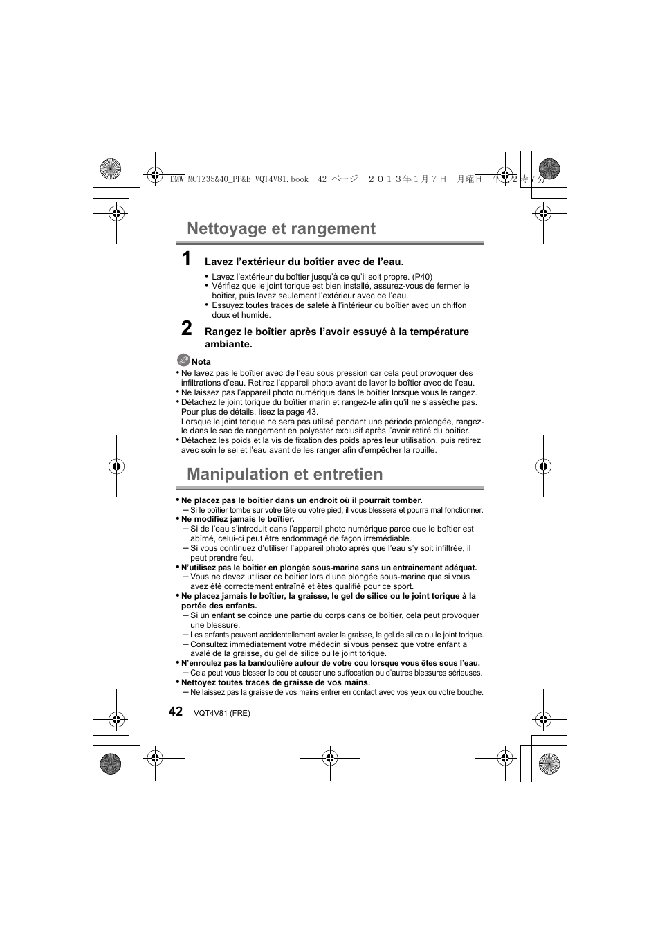 Nettoyage et rangement, Manipulation et entretien | Panasonic DMWMCTZ40PP User Manual | Page 42 / 160