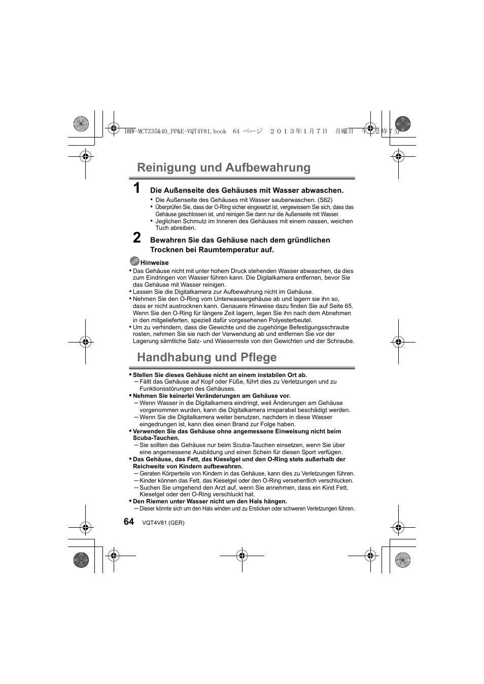 Reinigung und aufbewahrung, Handhabung und pflege | Panasonic DMWMCTZ40PP User Manual | Page 64 / 160
