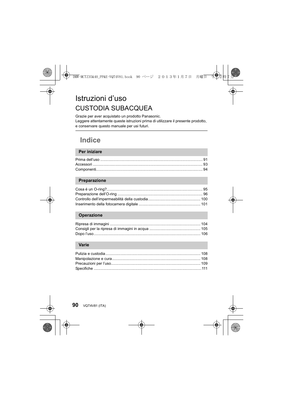 Istruzioni d’uso, Indice, Custodia subacquea | Panasonic DMWMCTZ40PP User Manual | Page 90 / 160