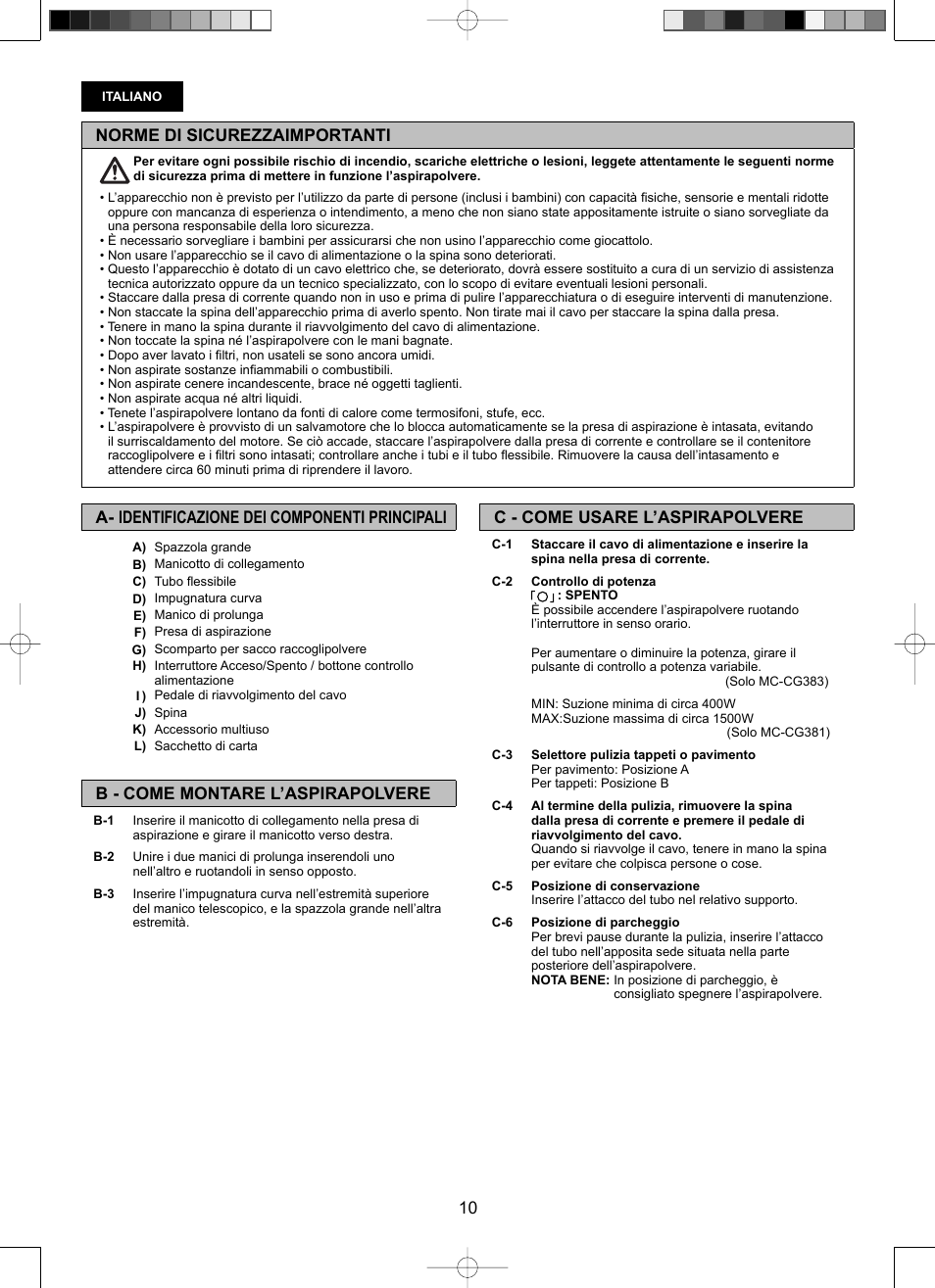 Norme di sicurezzaimportanti, C - come usare l’aspirapolvere, A- identificazione dei componenti principali | B - come montare l’aspirapolvere | Panasonic Mccg381 User Manual | Page 10 / 28