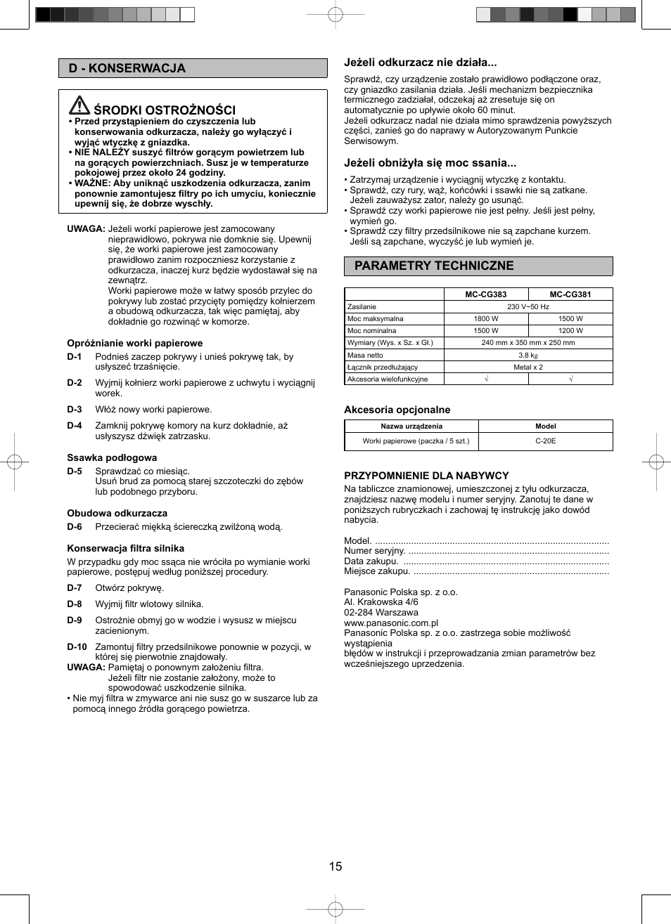 15 d - konserwacja środki ostrożności, Parametry techniczne, Jeżeli odkurzacz nie działa | Jeżeli obniżyła się moc ssania | Panasonic Mccg381 User Manual | Page 15 / 28