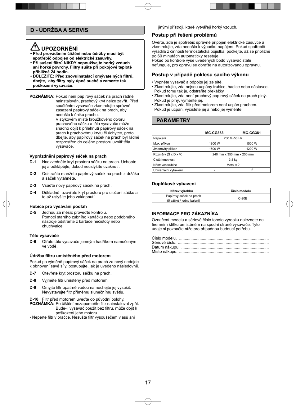 17 d - údržba a servis upozornění, Parametry, Postup při řešení problémů | Postup v případě poklesu sacího výkonu | Panasonic Mccg381 User Manual | Page 17 / 28