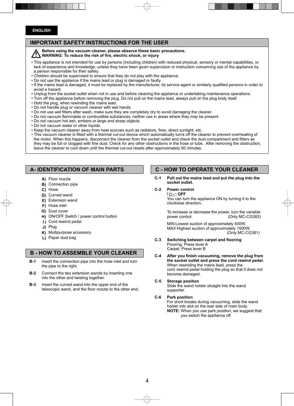 Important safety instructions for the user, C - how to operate your cleaner, A- identification of main parts | B - how to assemble your cleaner | Panasonic Mccg381 User Manual | Page 4 / 28