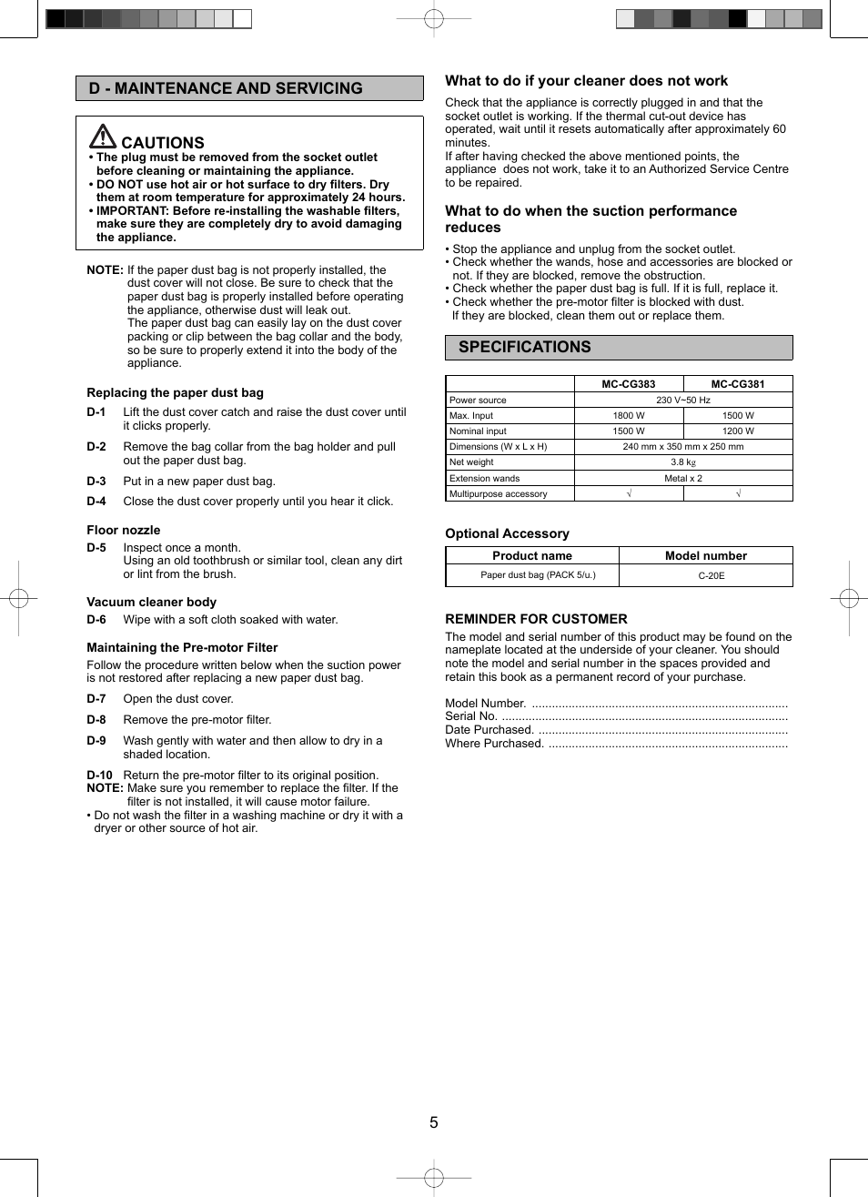 5d - maintenance and servicing cautions, Specifications, What to do if your cleaner does not work | What to do when the suction performance reduces | Panasonic Mccg381 User Manual | Page 5 / 28