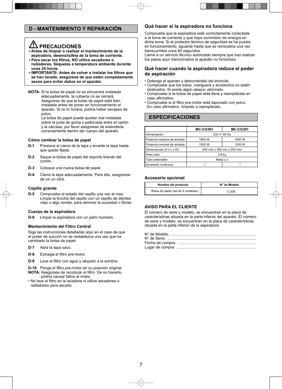 7d - mantenimiento y reparación precauciones, Especificaciones, Qué hacer si la aspiradora no funciona | Panasonic Mccg381 User Manual | Page 7 / 28