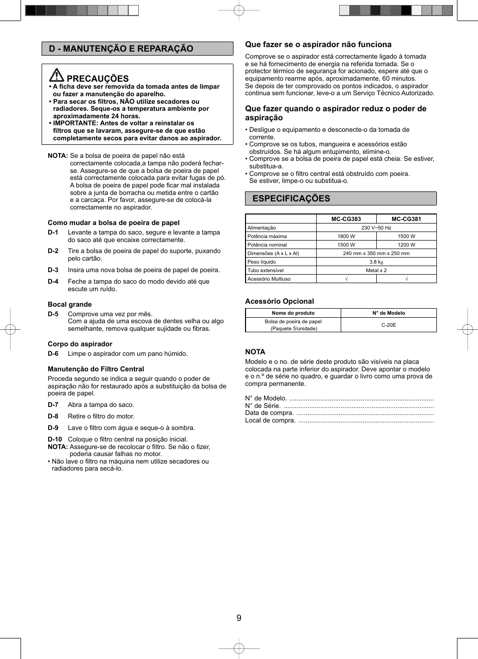 9d - manutenção e reparação precauções, Especificações, Que fazer se o aspirador não funciona | Panasonic Mccg381 User Manual | Page 9 / 28