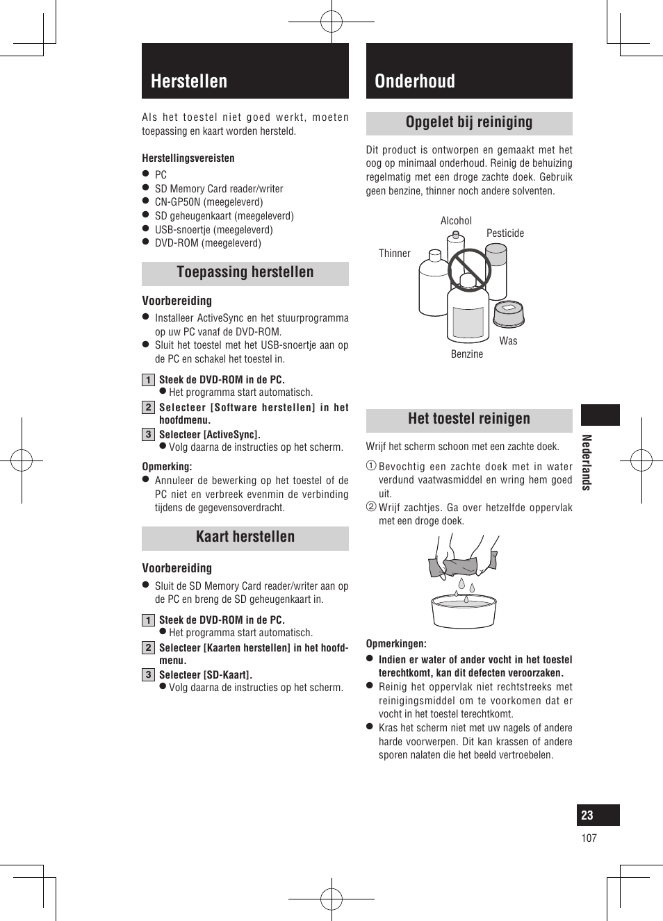 Onderhoud, Herstellen, Opgelet bij reiniging | Het toestel reinigen, Toepassing herstellen, Kaart herstellen | Panasonic CNGP50N User Manual | Page 107 / 336