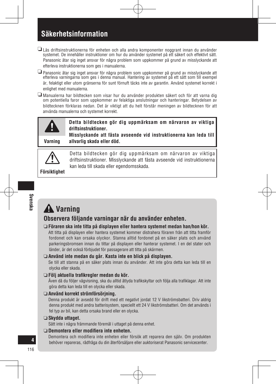 Säkerhetsinformation varning | Panasonic CNGP50N User Manual | Page 116 / 336