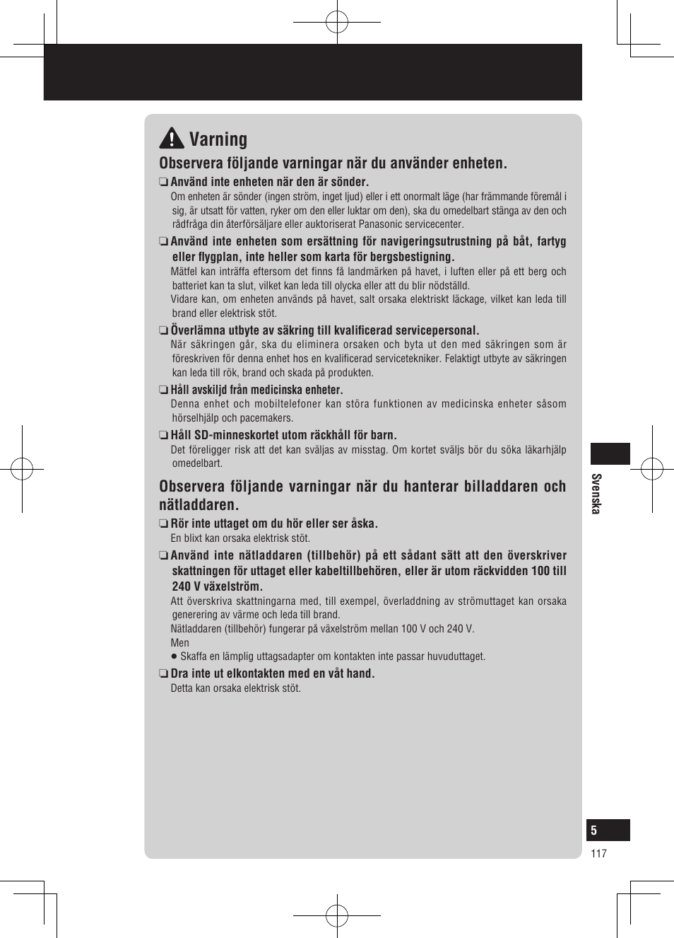 Varning, Säkerhetsinformation | Panasonic CNGP50N User Manual | Page 117 / 336