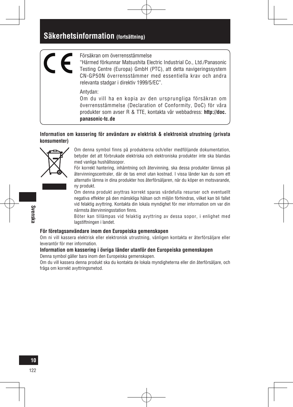 Säkerhetsinformation | Panasonic CNGP50N User Manual | Page 122 / 336