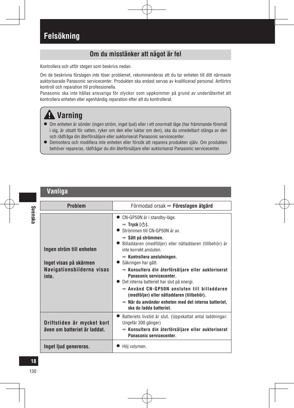 Felsökning, Varning, Om du misstänker att något är fel | Vanliga | Panasonic CNGP50N User Manual | Page 130 / 336