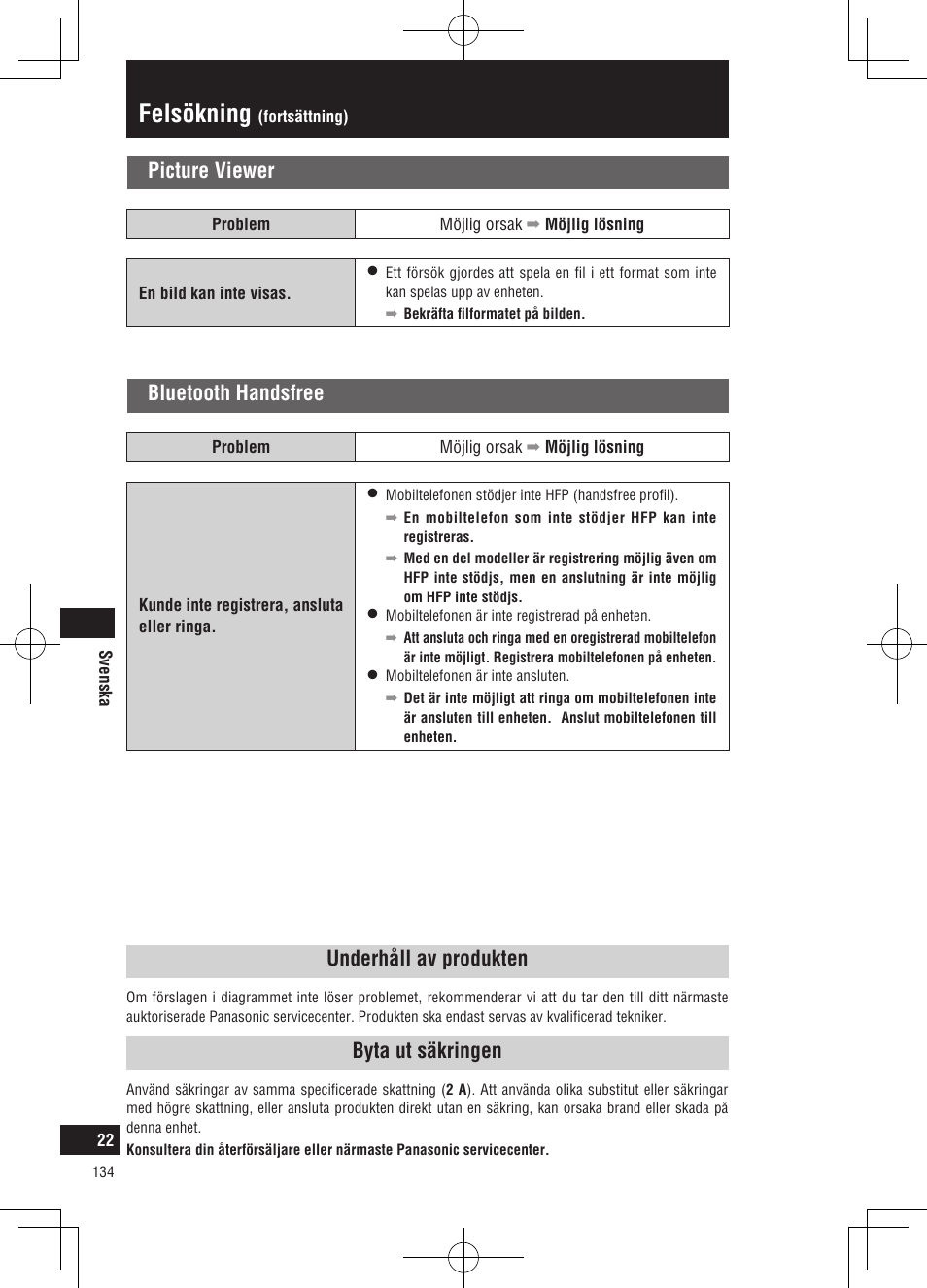 Felsökning, Bluetooth handsfree, Picture viewer | Underhåll av produkten, Byta ut säkringen | Panasonic CNGP50N User Manual | Page 134 / 336
