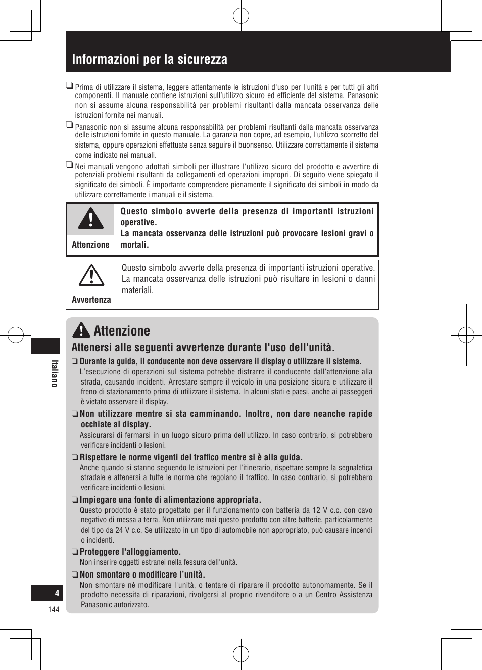 Informazioni per la sicurezza attenzione | Panasonic CNGP50N User Manual | Page 144 / 336