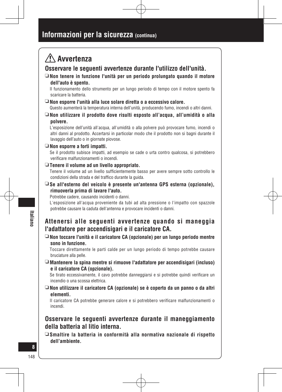 Informazioni per la sicurezza, Avvertenza | Panasonic CNGP50N User Manual | Page 148 / 336