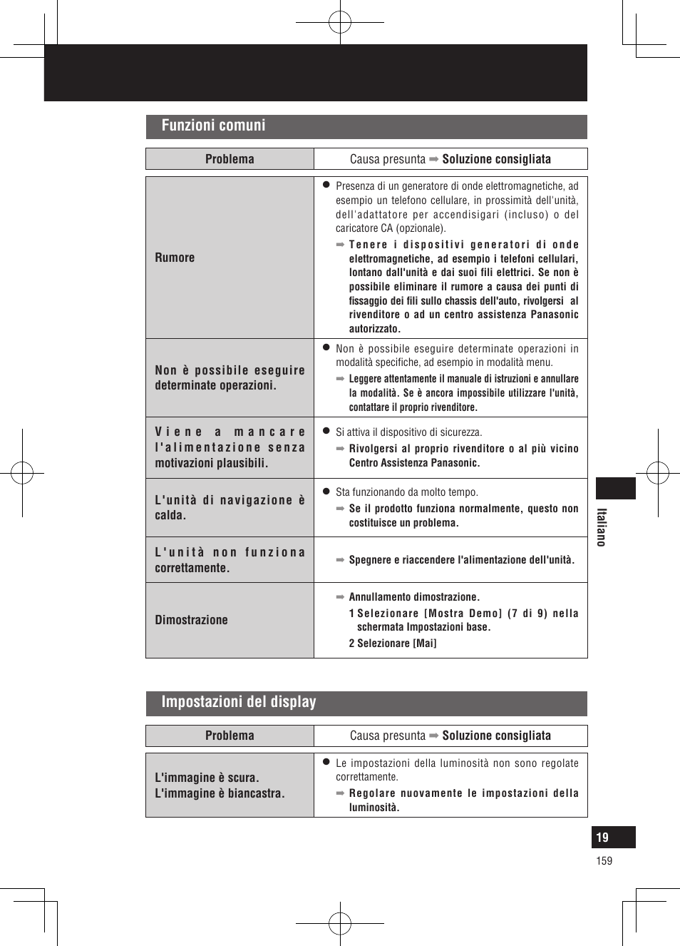 Risoluzione dei problemi, Funzioni comuni, Impostazioni del display | Panasonic CNGP50N User Manual | Page 159 / 336